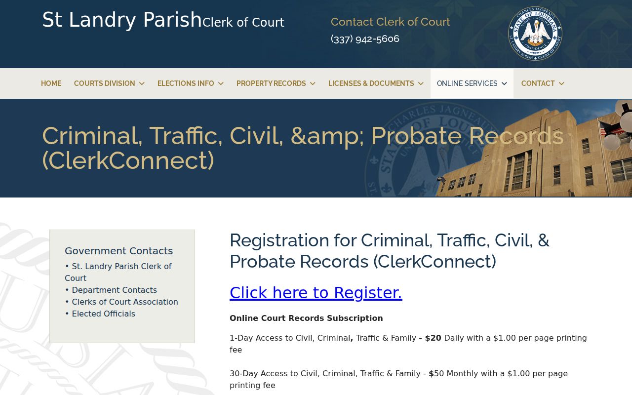 St. Landry Parish Clerk DocuNet criminal record access page