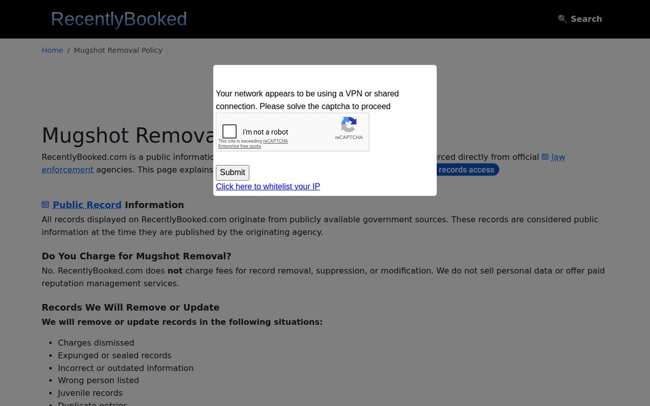 RecentlyBooked free correction and removal policy page