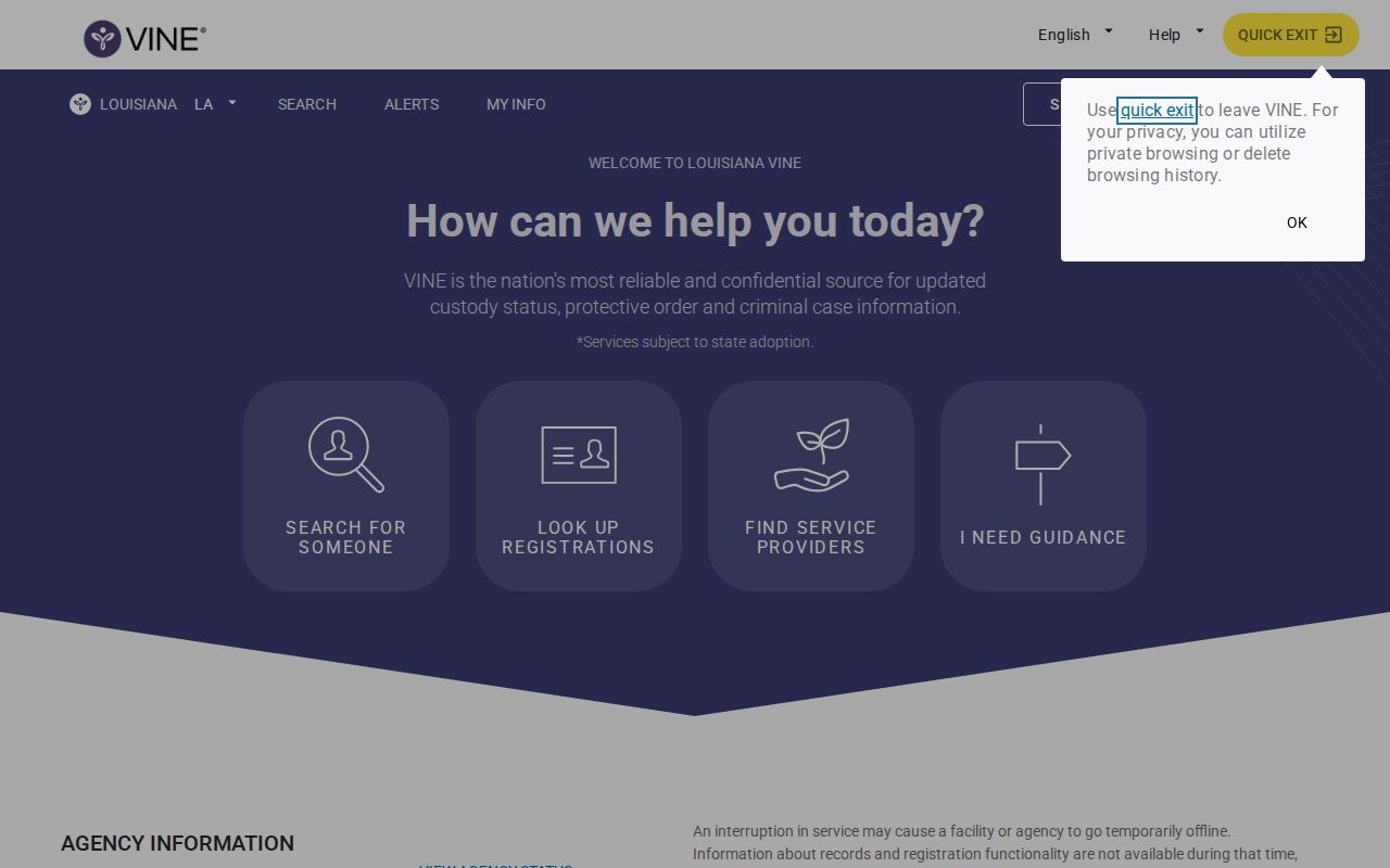 VINELink Louisiana search screen for St. Landry Parish custody records